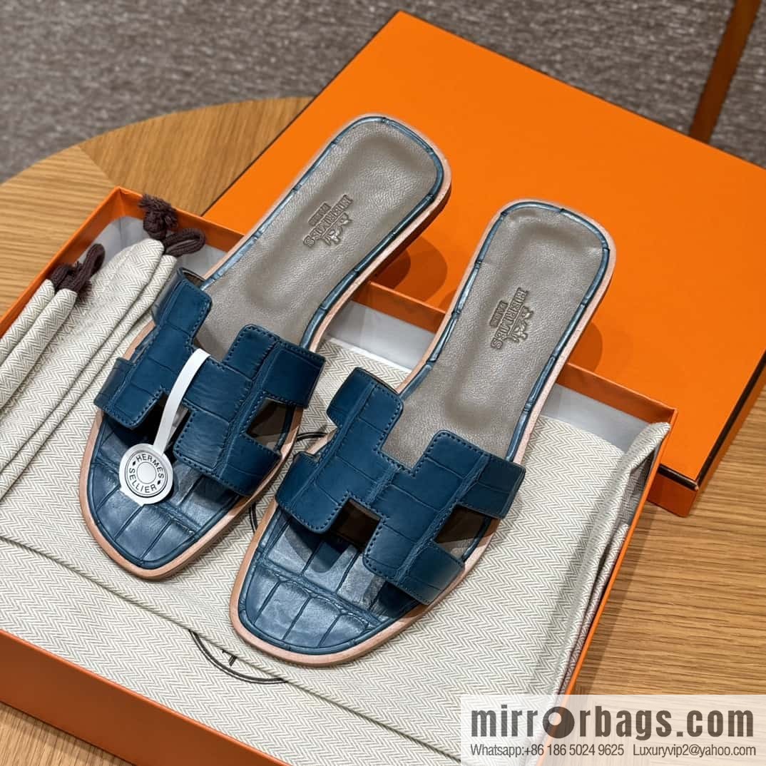 Hermès 181 Oran Sandals, Greek Blue/7Q/Mykonos Crocodile/alligator🐊