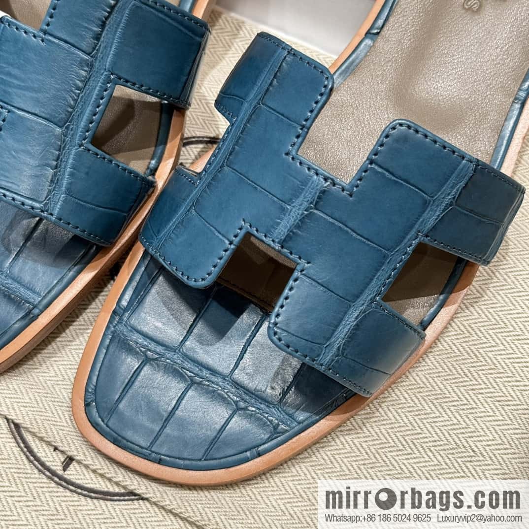 Hermès 181 Oran Sandals, Greek Blue/7Q/Mykonos Crocodile/alligator🐊