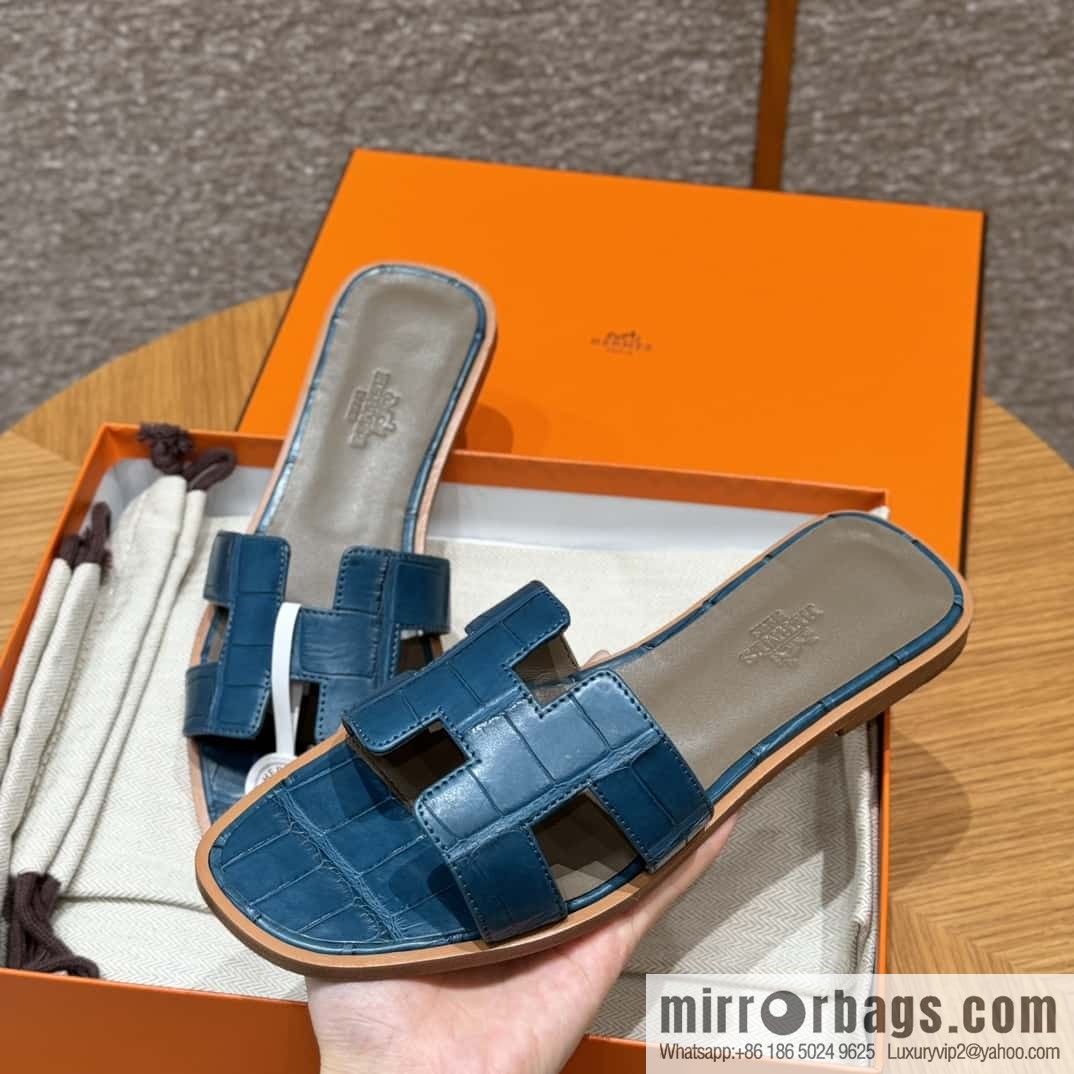 Hermès 181 Oran Sandals, Greek Blue/7Q/Mykonos Crocodile/alligator🐊