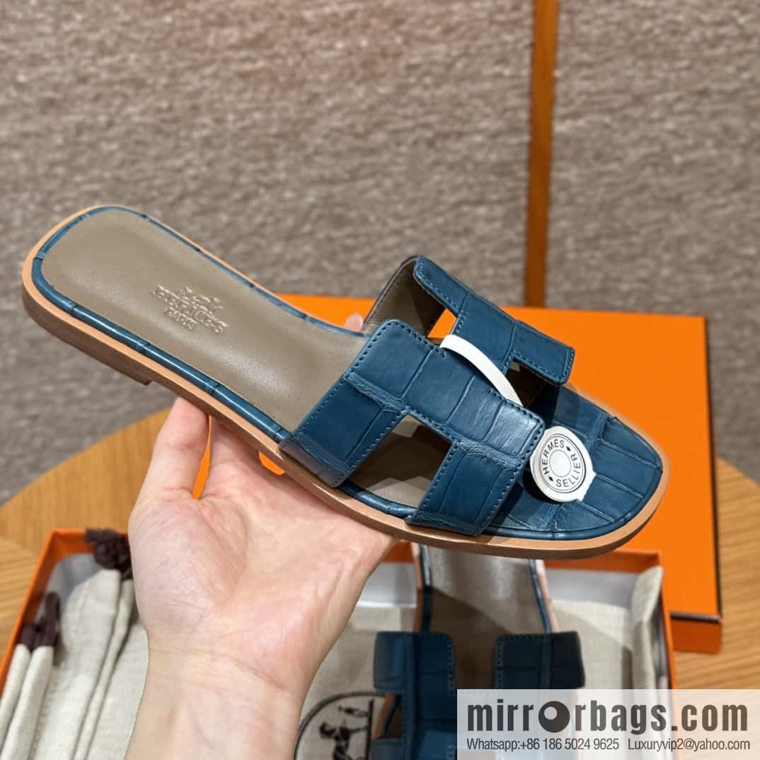 Hermès 181 Oran Sandals, Greek Blue/7Q/Mykonos Crocodile/alligator🐊