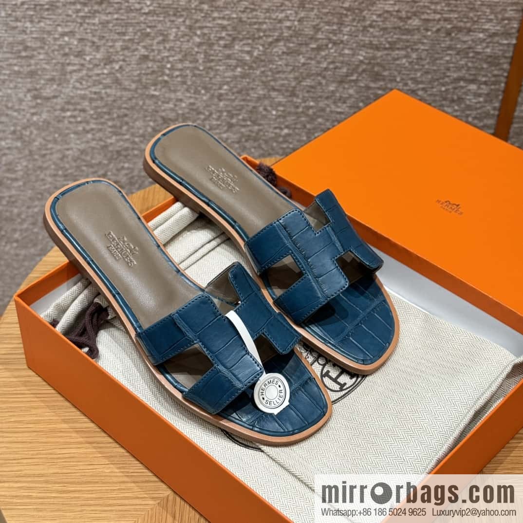 Hermès 181 Oran Sandals, Greek Blue/7Q/Mykonos Crocodile/alligator🐊