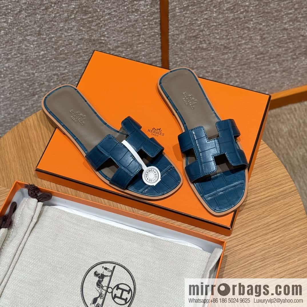 Hermès 181 Oran Sandals, Greek Blue/7Q/Mykonos Crocodile/alligator🐊