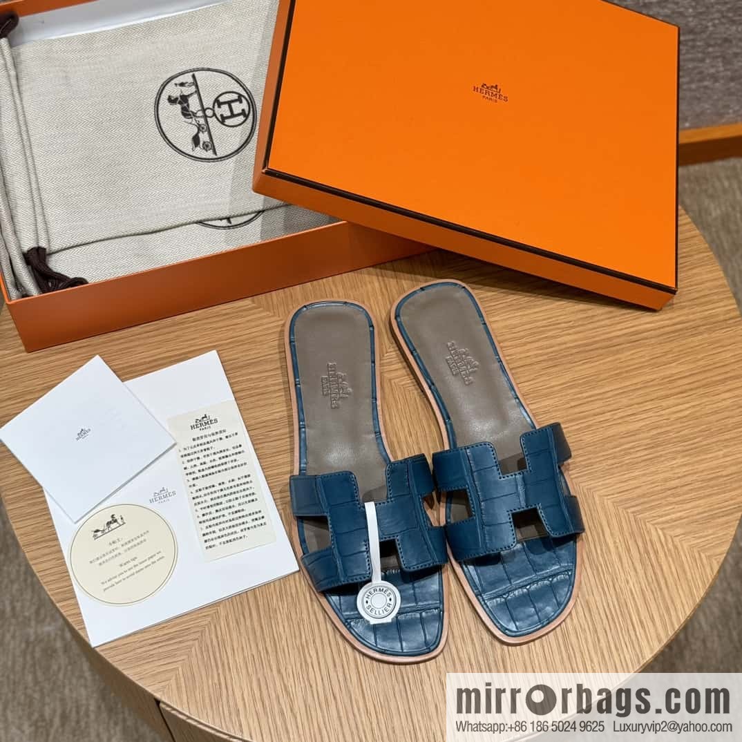 Hermès 181 Oran Sandals, Greek Blue/7Q/Mykonos Crocodile/alligator🐊