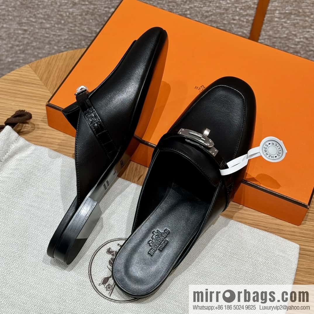Hermès 188 OZ mule shoes half drag, black/ck89/noir goatskin/alligator/goatskin/Alligator