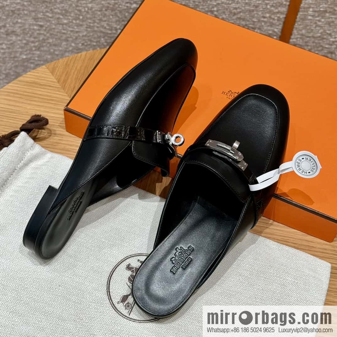 Hermès 188 OZ mule shoes half drag, black/ck89/noir goatskin/alligator/goatskin/Alligator