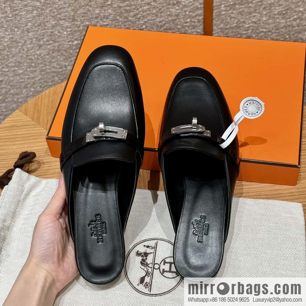 Hermès 188 OZ mule shoes half drag, black/ck89/noir goatskin/alligator/goatskin/Alligator