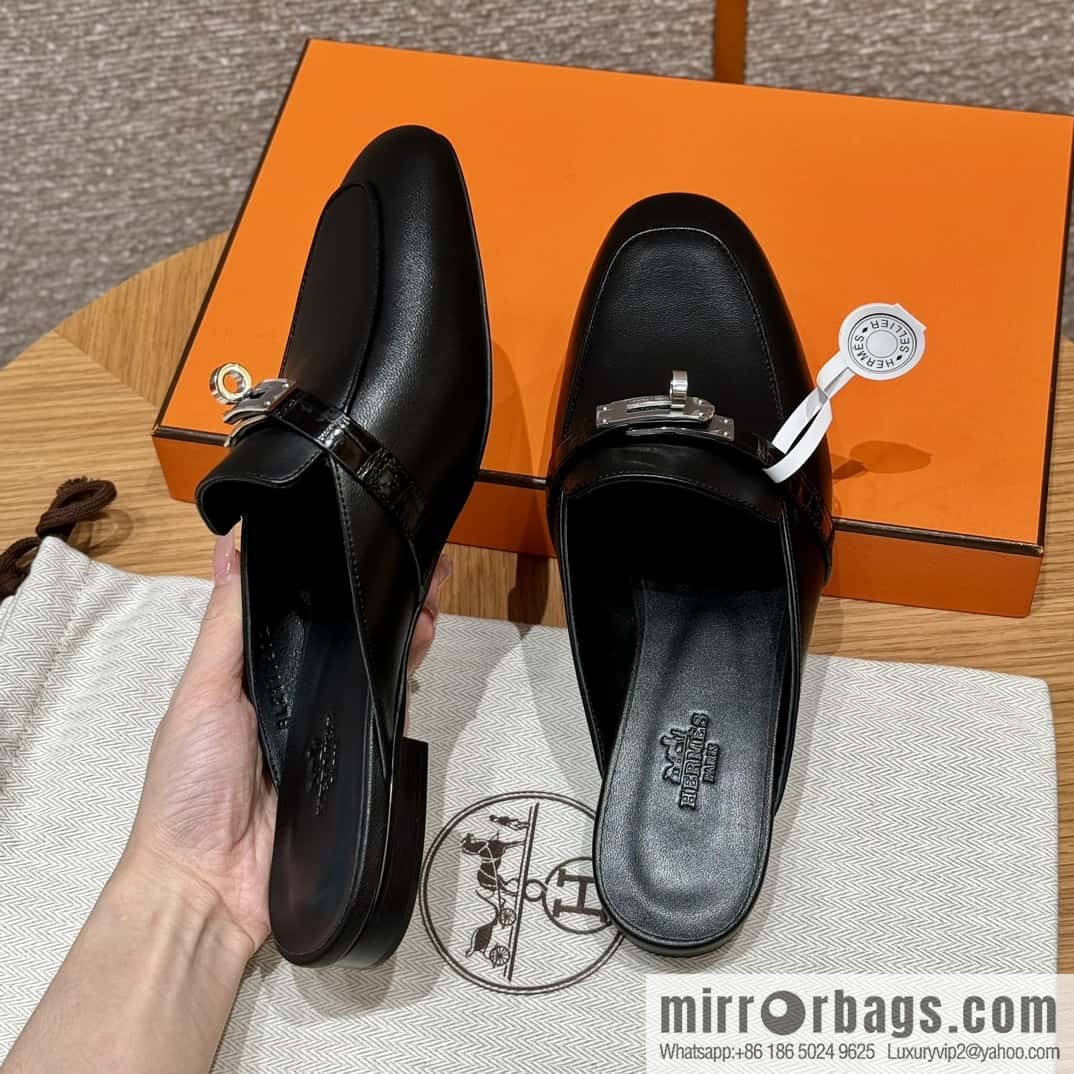 Hermès 188 OZ mule shoes half drag, black/ck89/noir goatskin/alligator/goatskin/Alligator