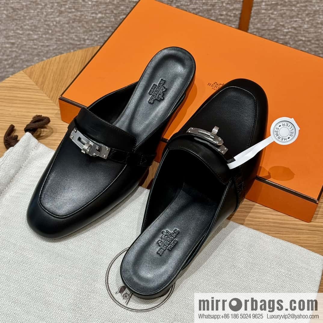 Hermès 188 OZ mule shoes half drag, black/ck89/noir goatskin/alligator/goatskin/Alligator