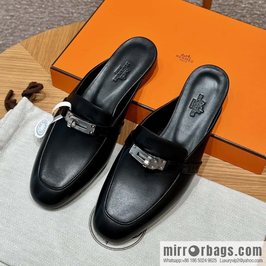 Hermès 188 OZ mule shoes half drag, black/ck89/noir goatskin/alligator/goatskin/Alligator