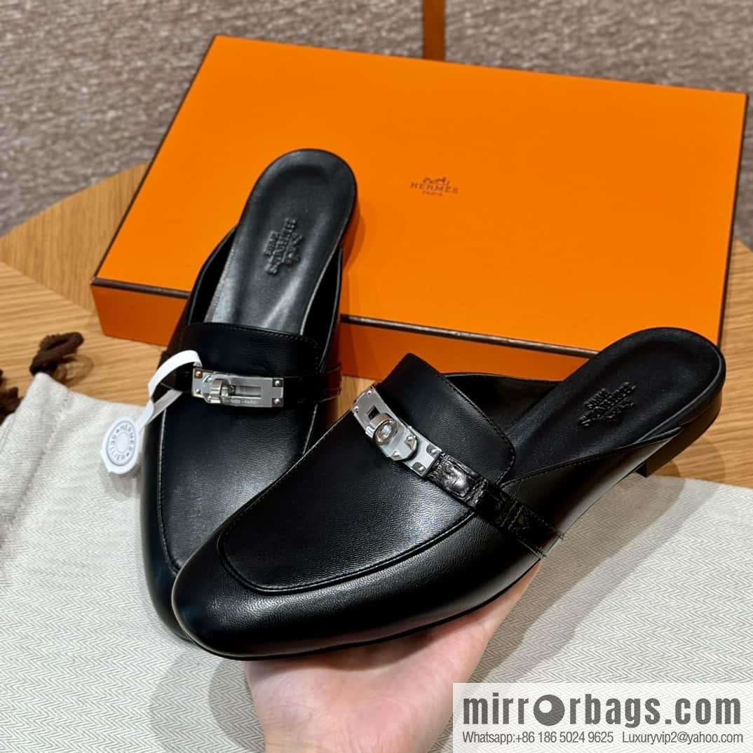 Hermès 188 OZ mule shoes half drag, black/ck89/noir goatskin/alligator/goatskin/Alligator