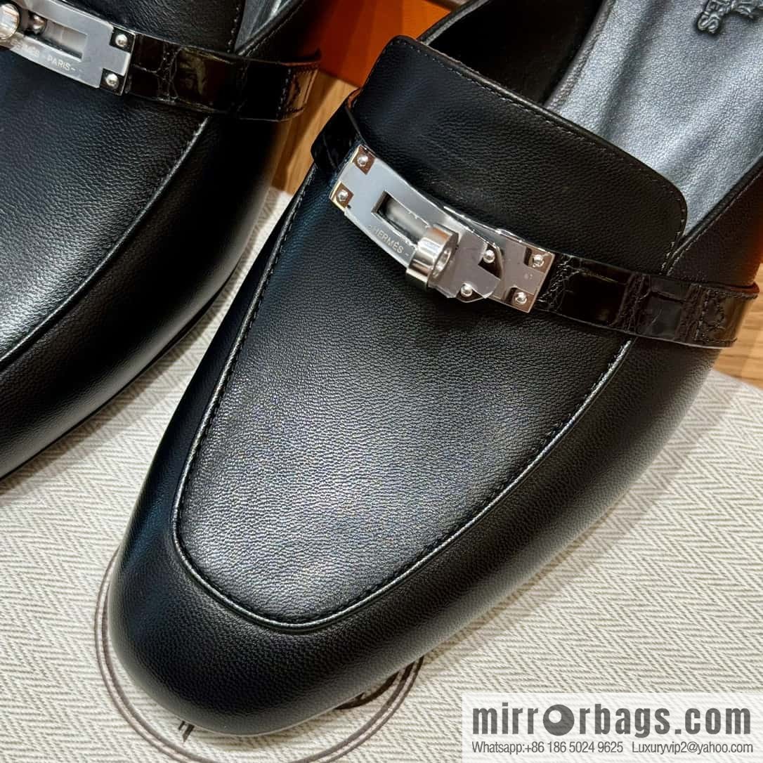 Hermès 188 OZ mule shoes half drag, black/ck89/noir goatskin/alligator/goatskin/Alligator