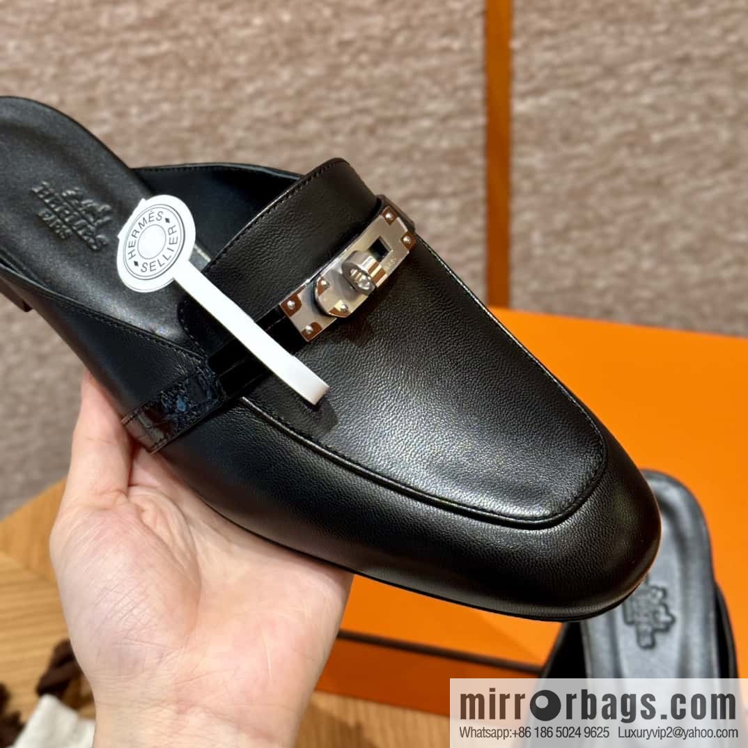 Hermès 188 OZ mule shoes half drag, black/ck89/noir goatskin/alligator/goatskin/Alligator
