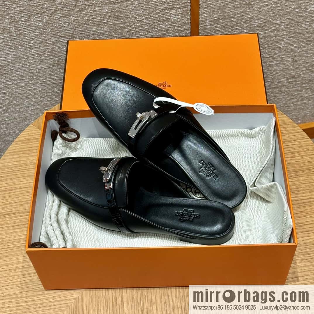 Hermès 188 OZ mule shoes half drag, black/ck89/noir goatskin/alligator/goatskin/Alligator