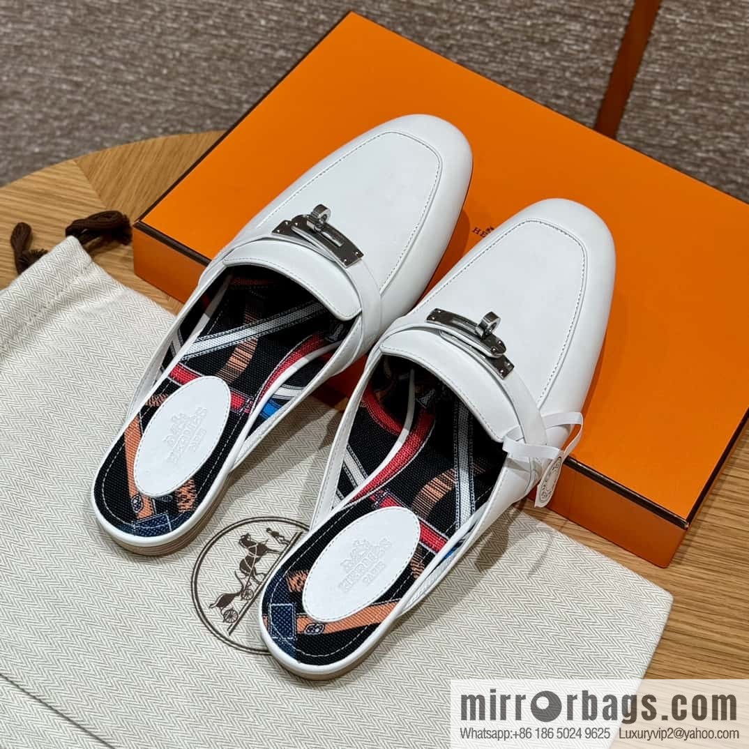 Hermès 188 OZ mules half trailers, pure white/01/Blanc goatskin/goatskin
