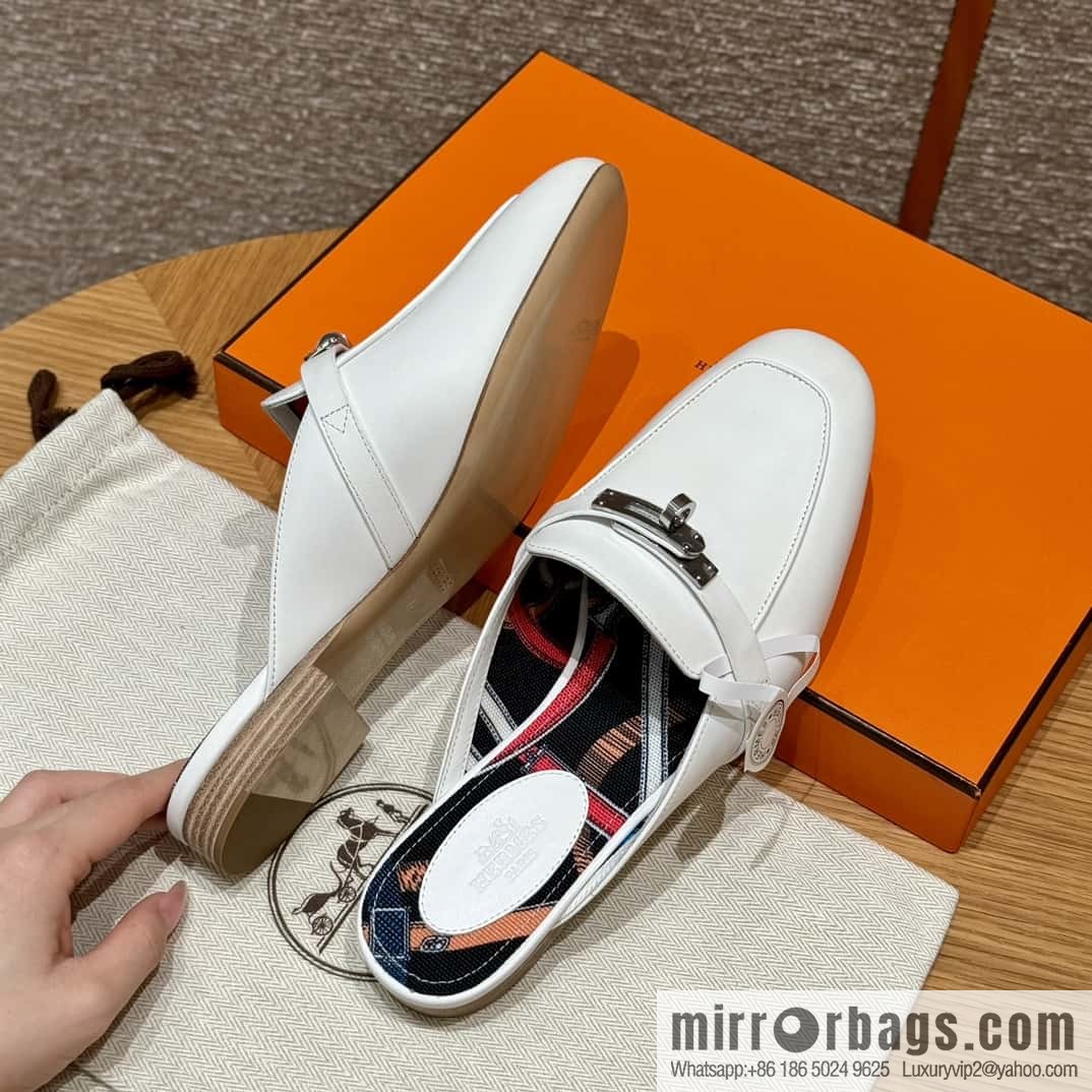 Hermès 188 OZ mules half trailers, pure white/01/Blanc goatskin/goatskin