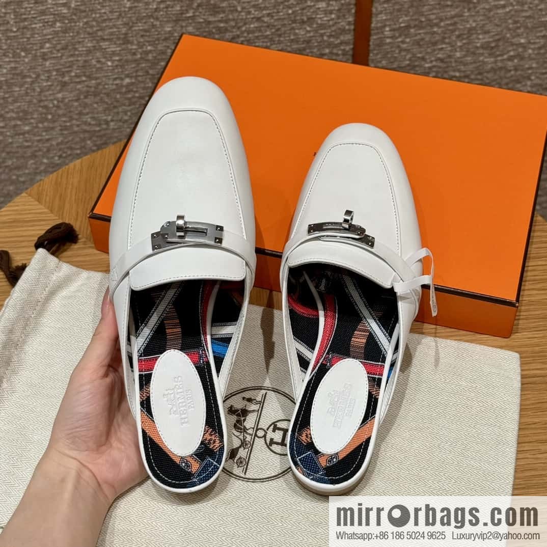 Hermès 188 OZ mules half trailers, pure white/01/Blanc goatskin/goatskin