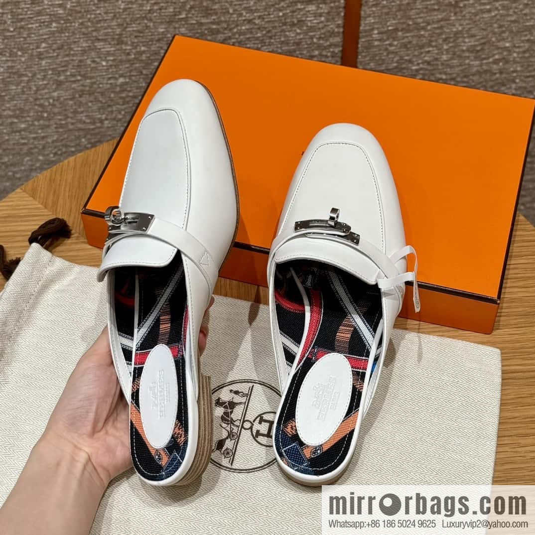 Hermès 188 OZ mules half trailers, pure white/01/Blanc goatskin/goatskin