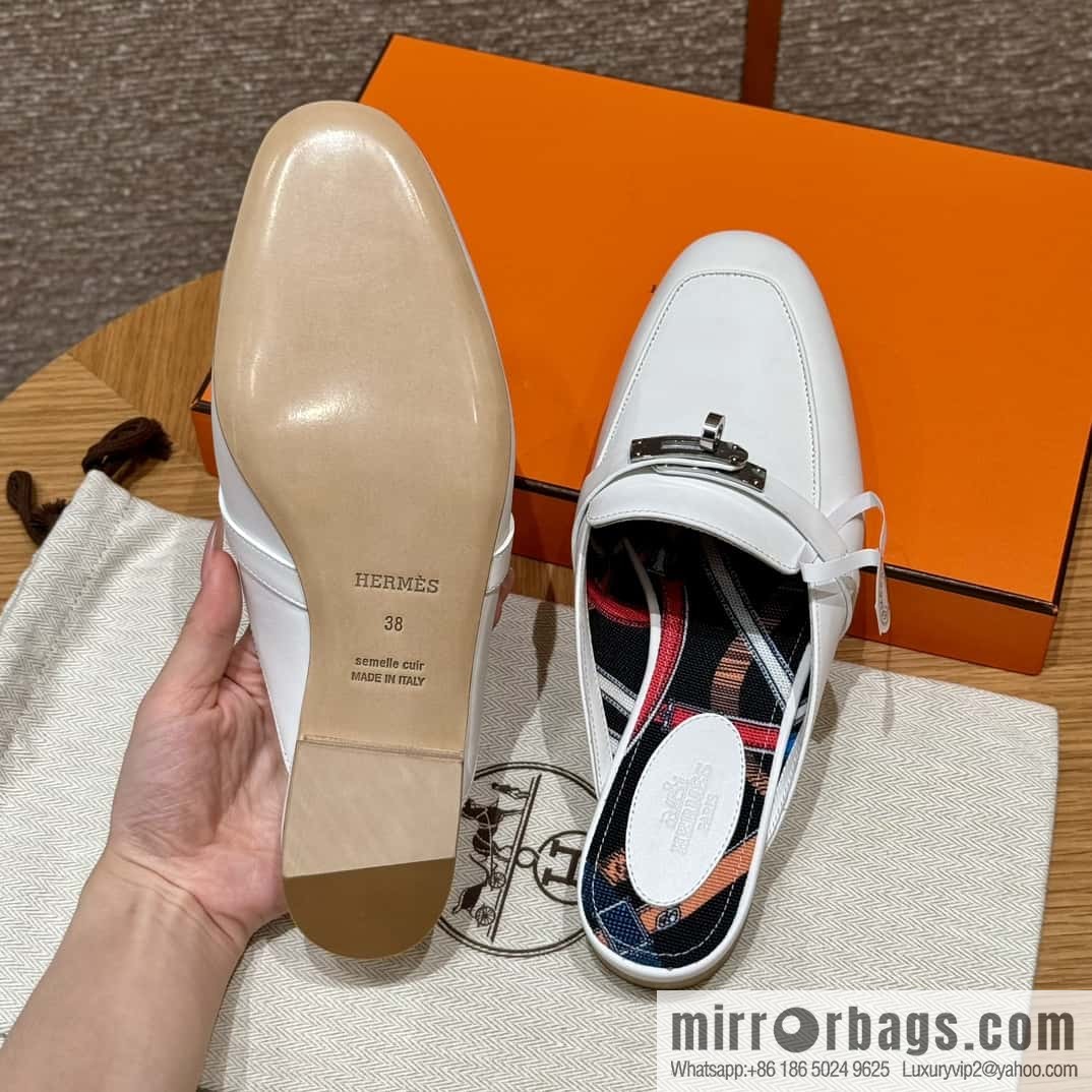 Hermès 188 OZ mules half trailers, pure white/01/Blanc goatskin/goatskin