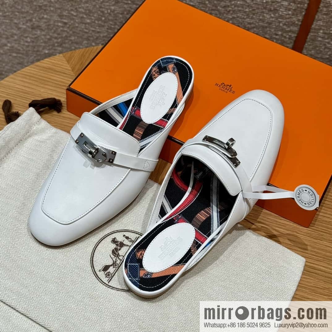 Hermès 188 OZ mules half trailers, pure white/01/Blanc goatskin/goatskin