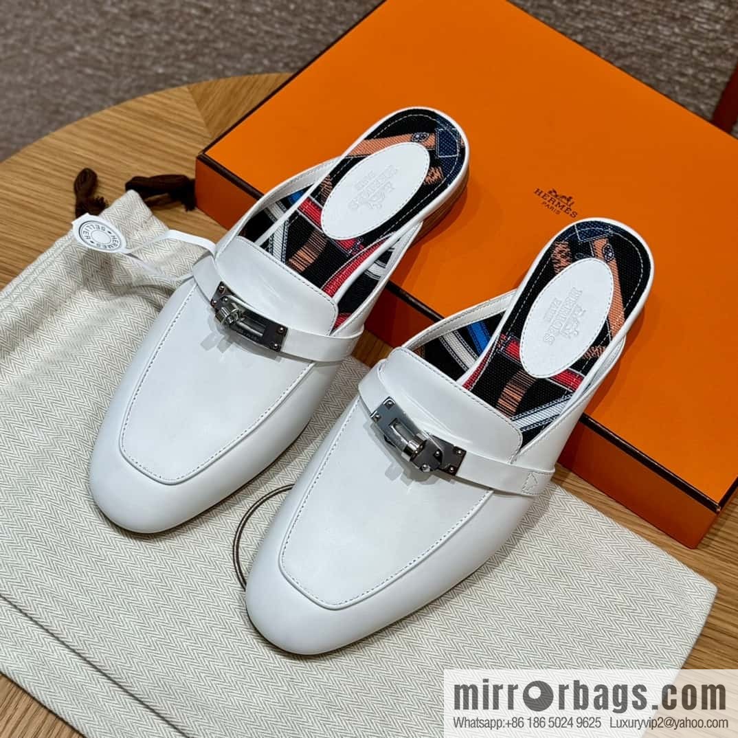Hermès 188 OZ mules half trailers, pure white/01/Blanc goatskin/goatskin