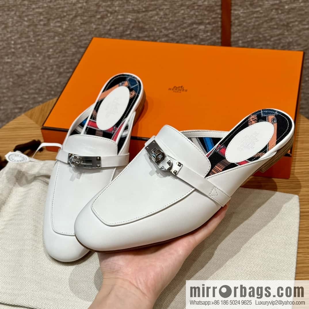 Hermès 188 OZ mules half trailers, pure white/01/Blanc goatskin/goatskin