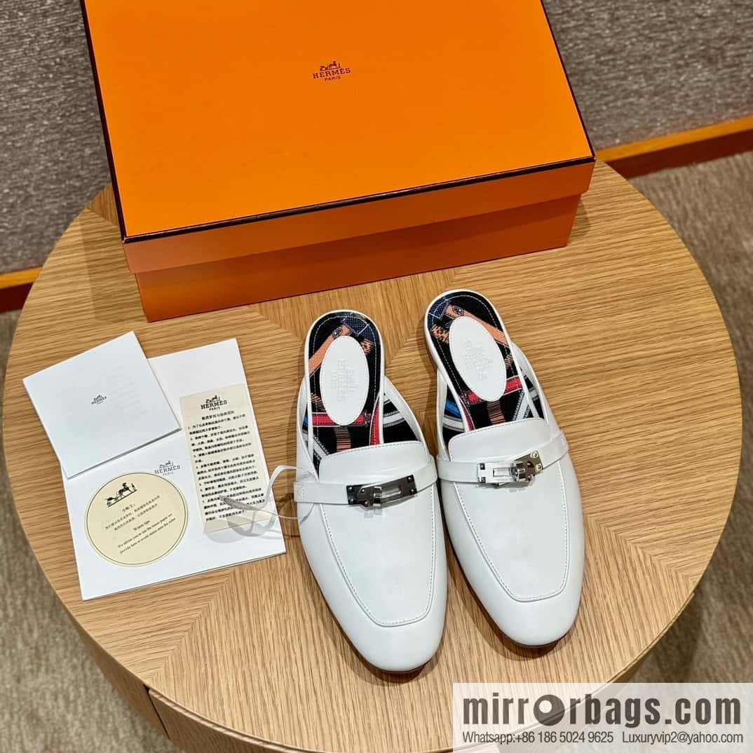 Hermès 188 OZ mules half trailers, pure white/01/Blanc goatskin/goatskin