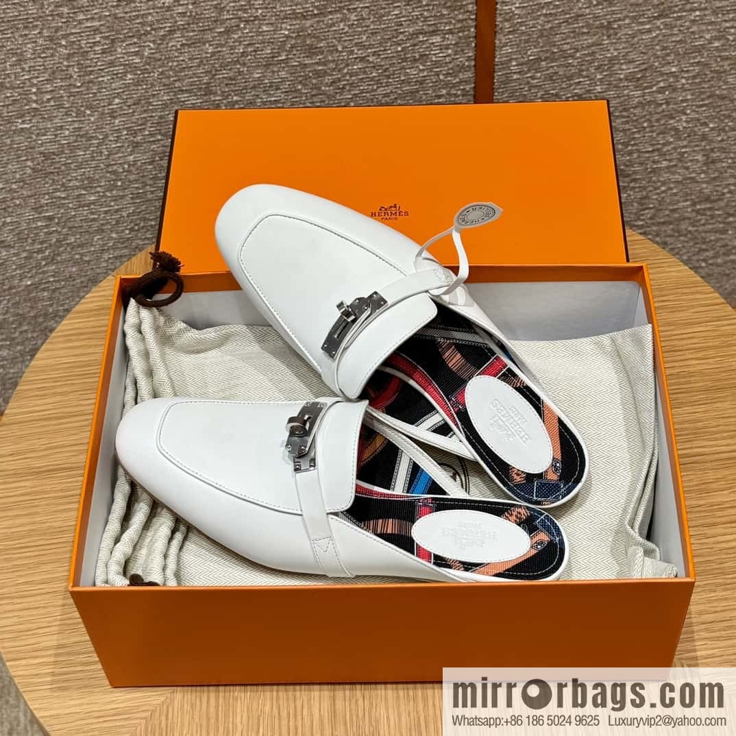 Hermès 188 OZ mules half trailers, pure white/01/Blanc goatskin/goatskin