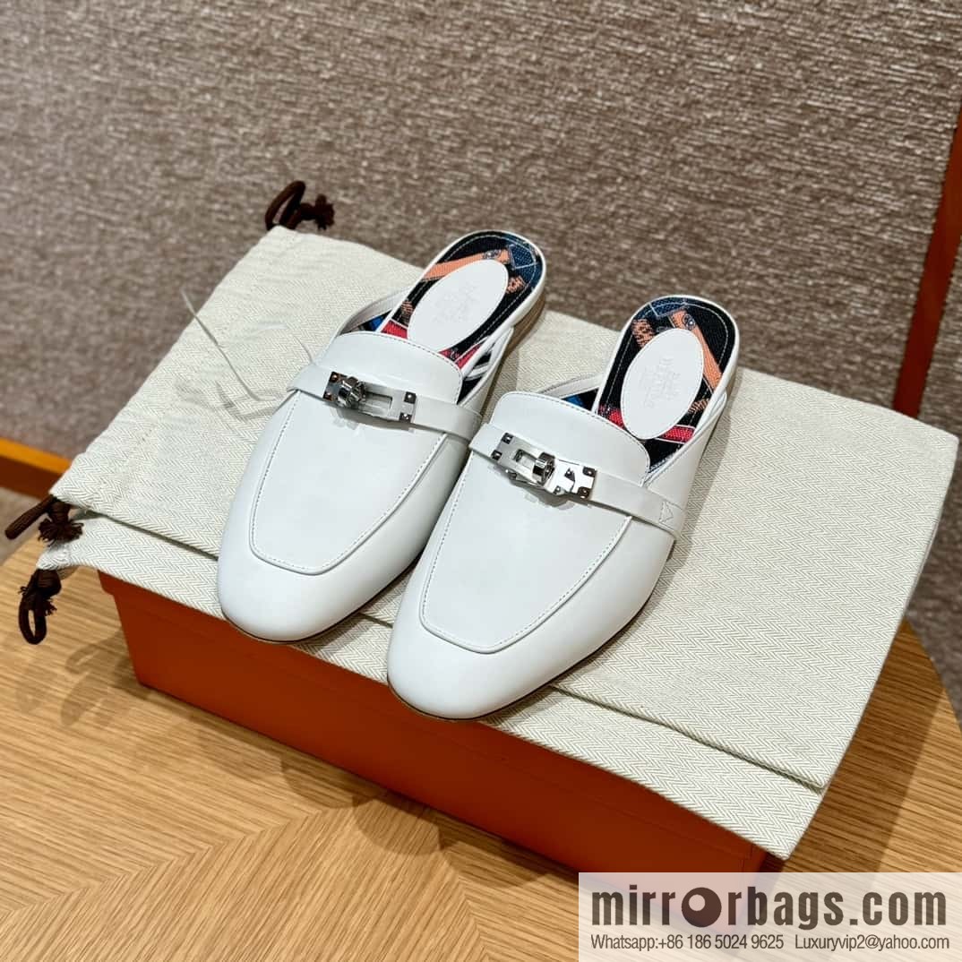 Hermès 188 OZ mules half trailers, pure white/01/Blanc goatskin/goatskin