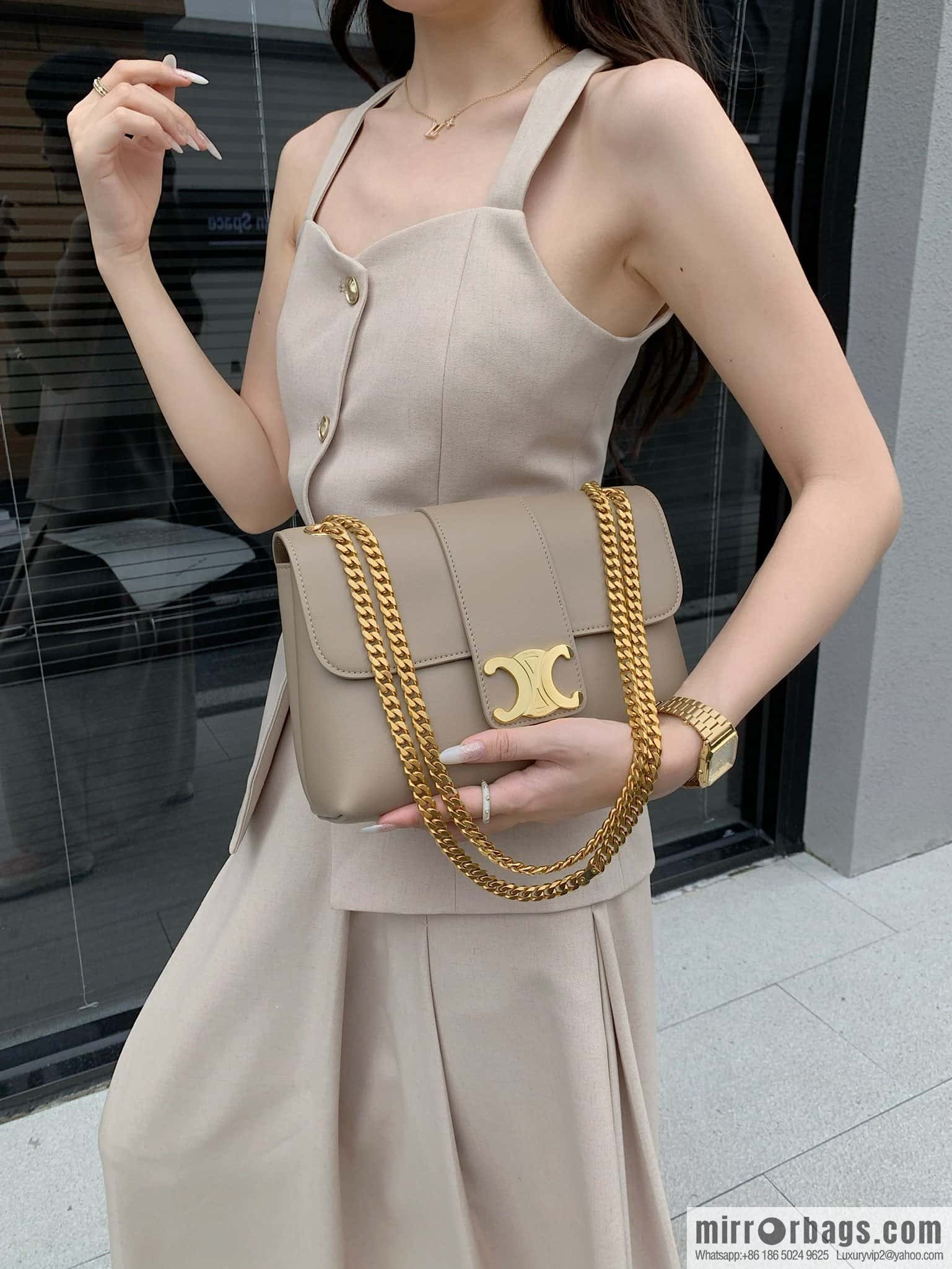 CELINE VICTOIRE medium soft cow leather (fabric) handbag 115853 apricot