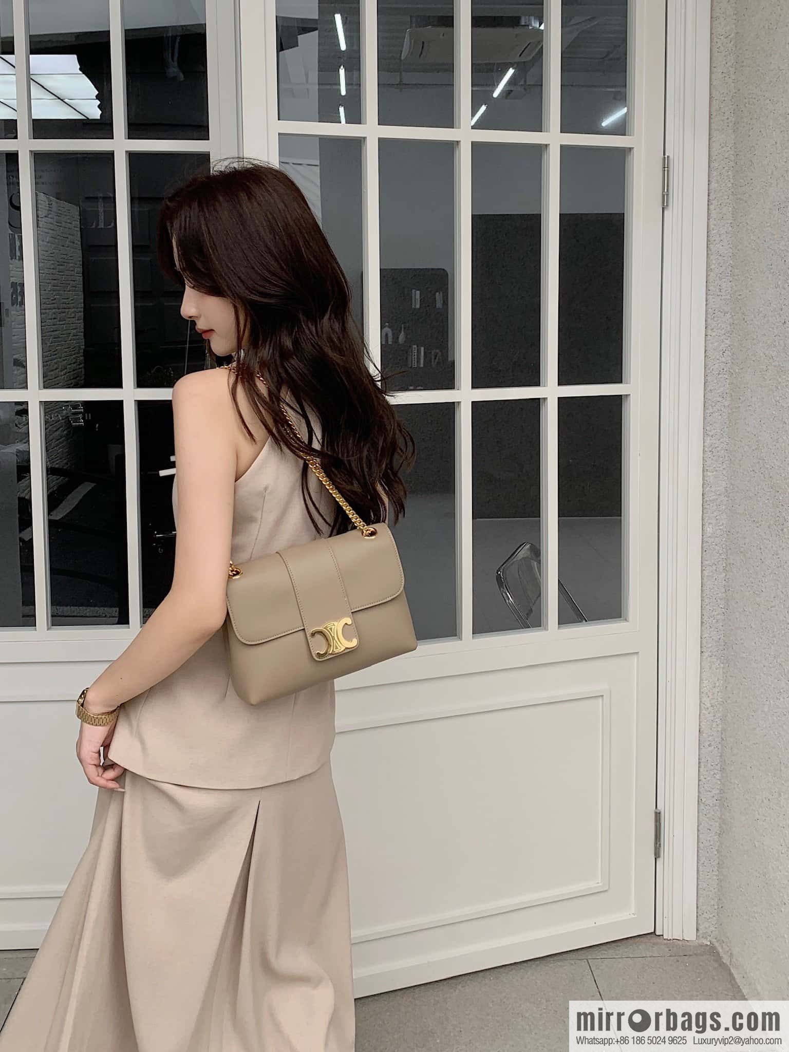 CELINE VICTOIRE medium soft cow leather (fabric) handbag 115853 apricot