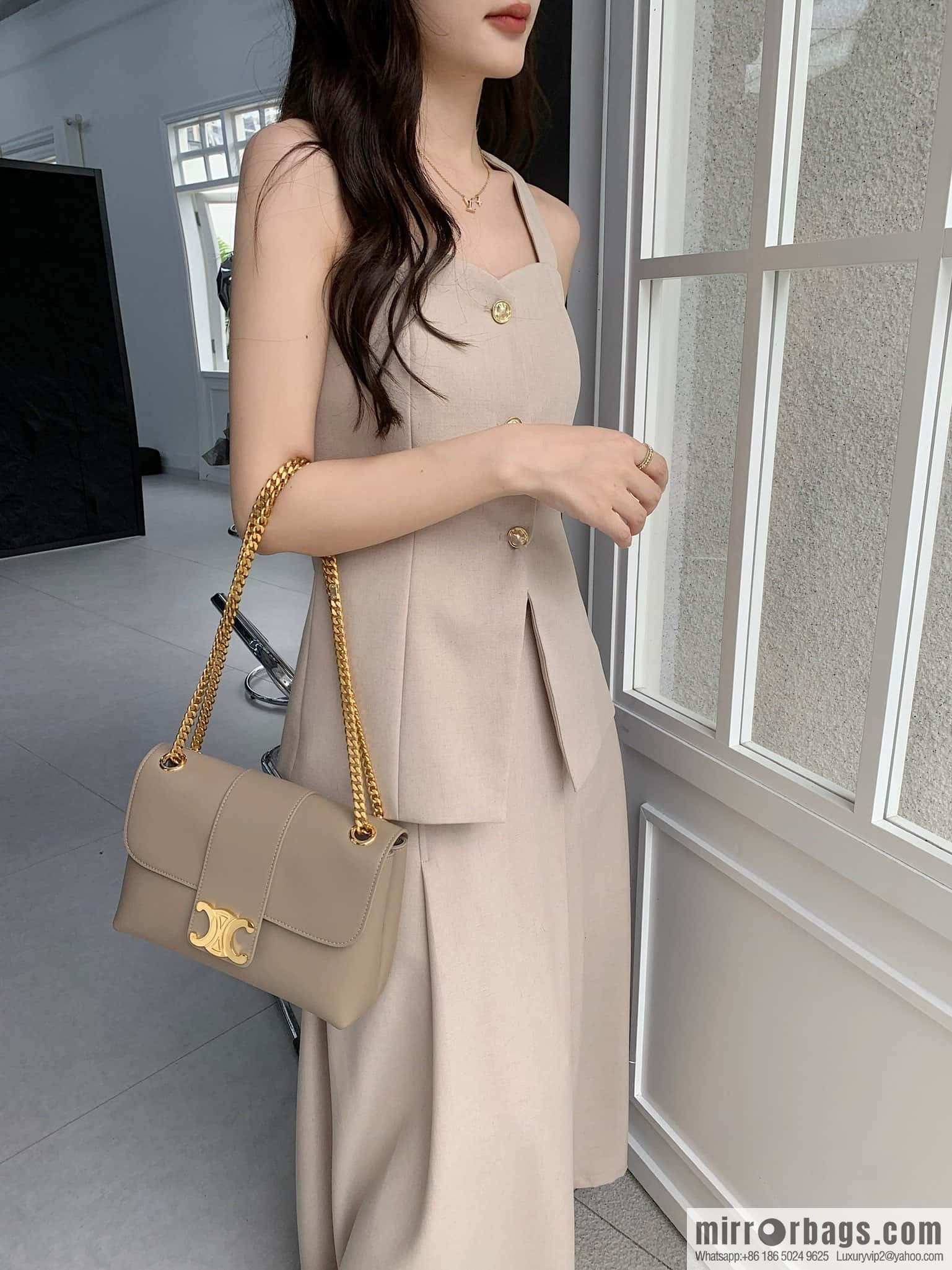 CELINE VICTOIRE medium soft cow leather (fabric) handbag 115853 apricot
