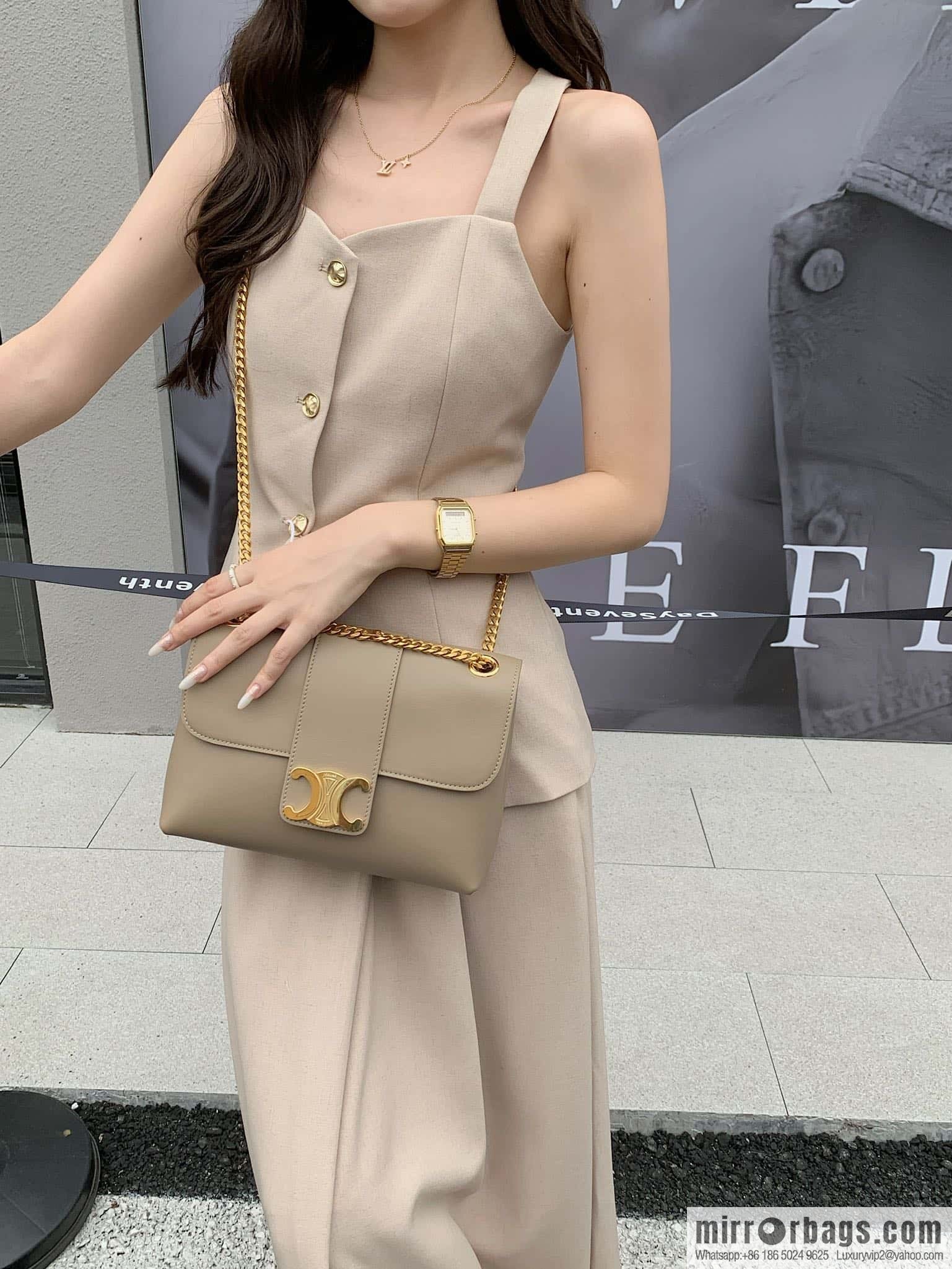 CELINE VICTOIRE medium soft cow leather (fabric) handbag 115853 apricot