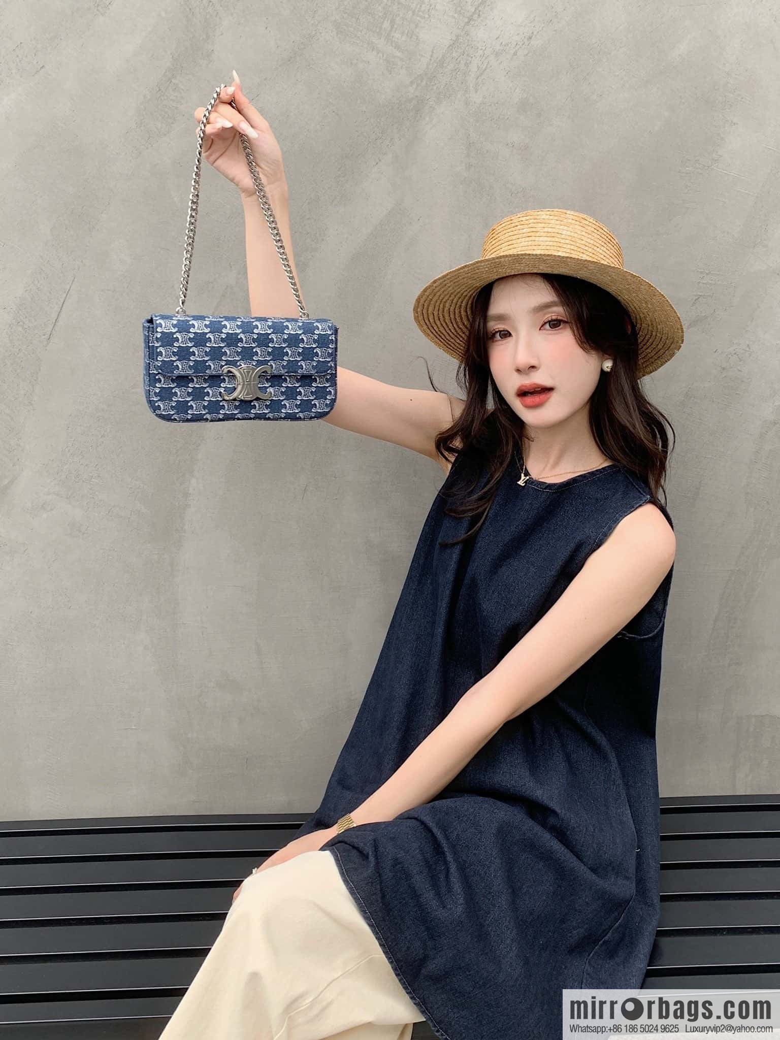 CELINE TRIOMPHE denim chain strap backpack 115202 denim