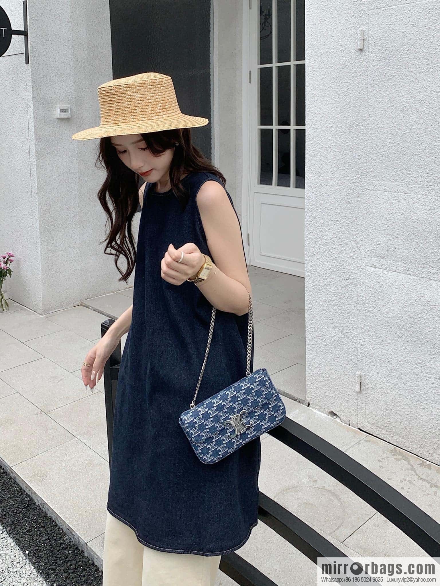 CELINE TRIOMPHE denim chain strap backpack 115202 denim