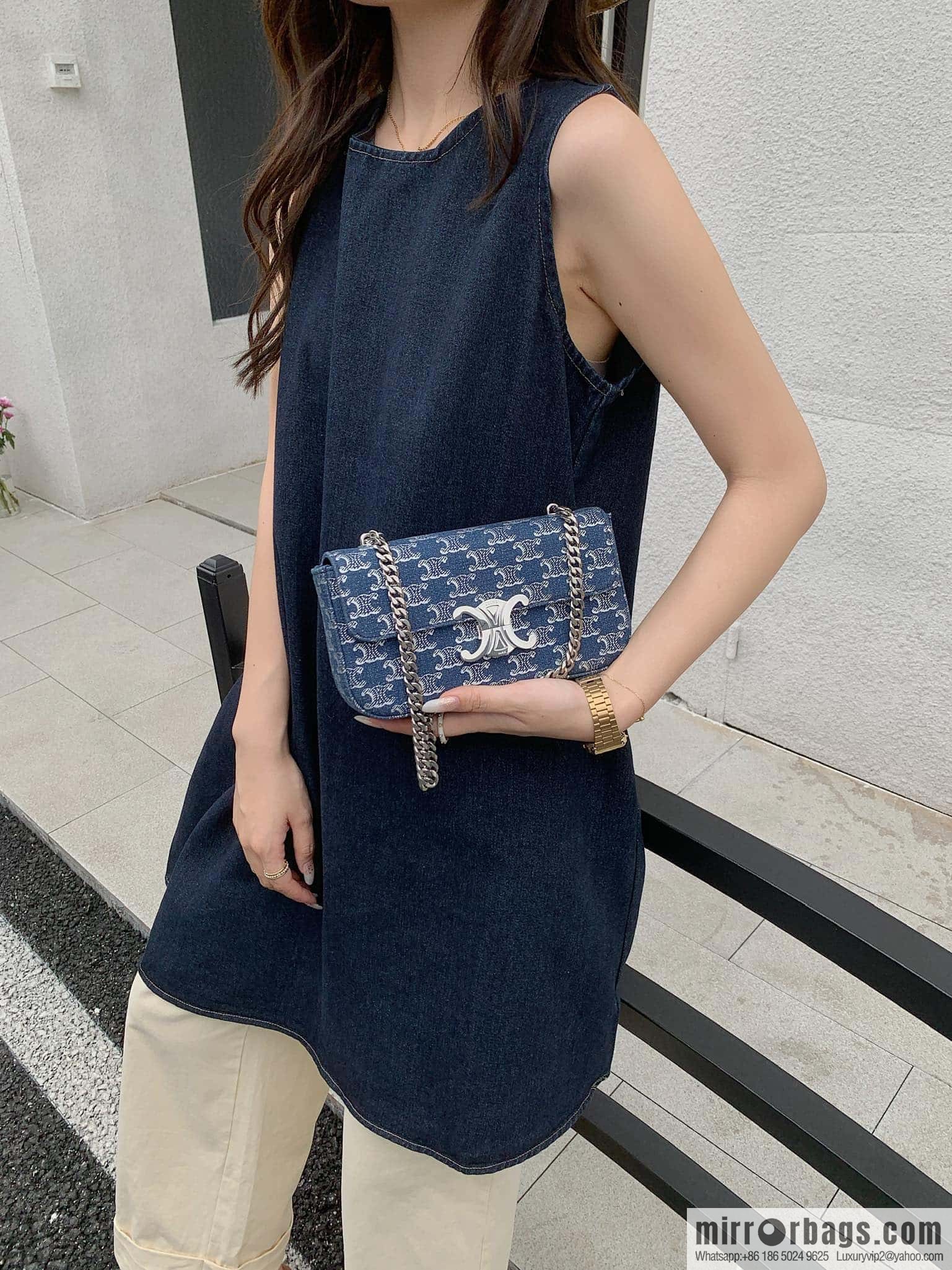 CELINE TRIOMPHE denim chain strap backpack 115202 denim