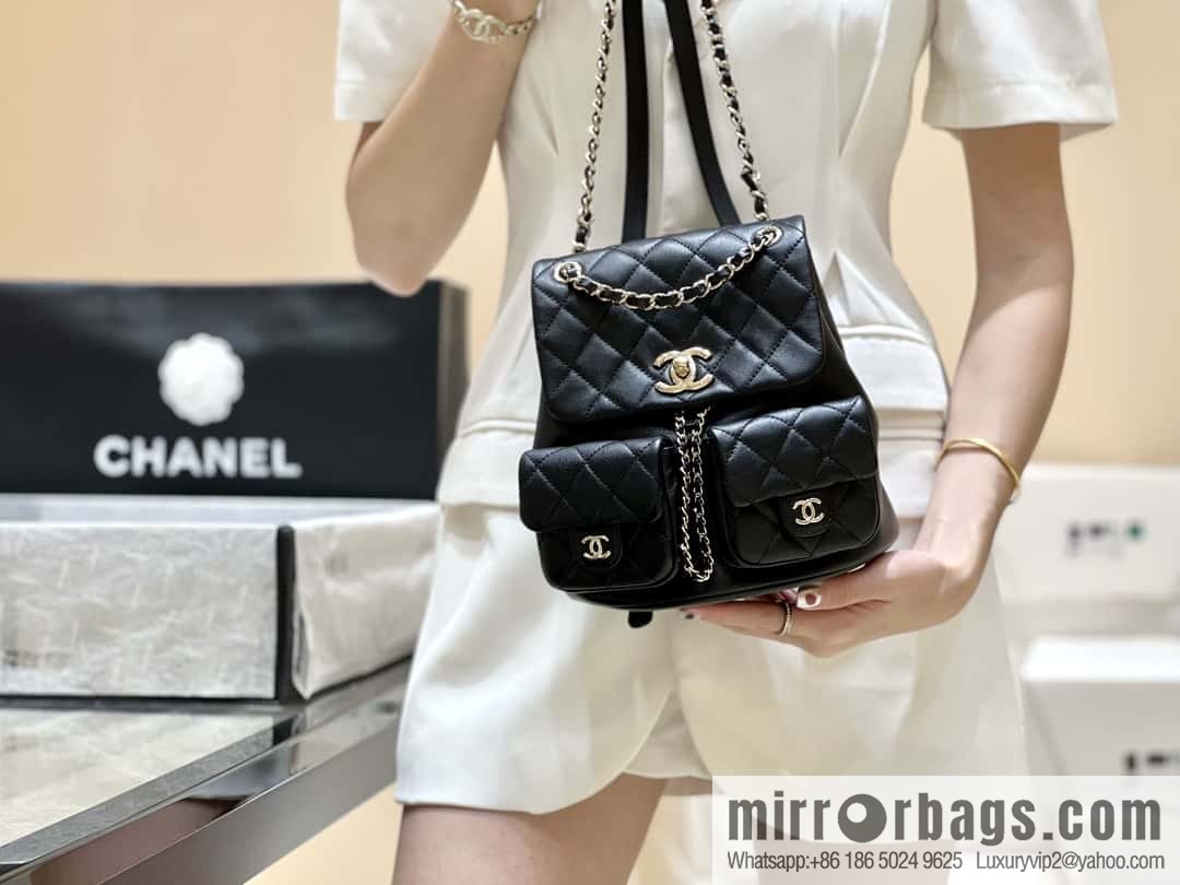 CHANEL 23P super hot frog double backpack AS3860 plain weave black
