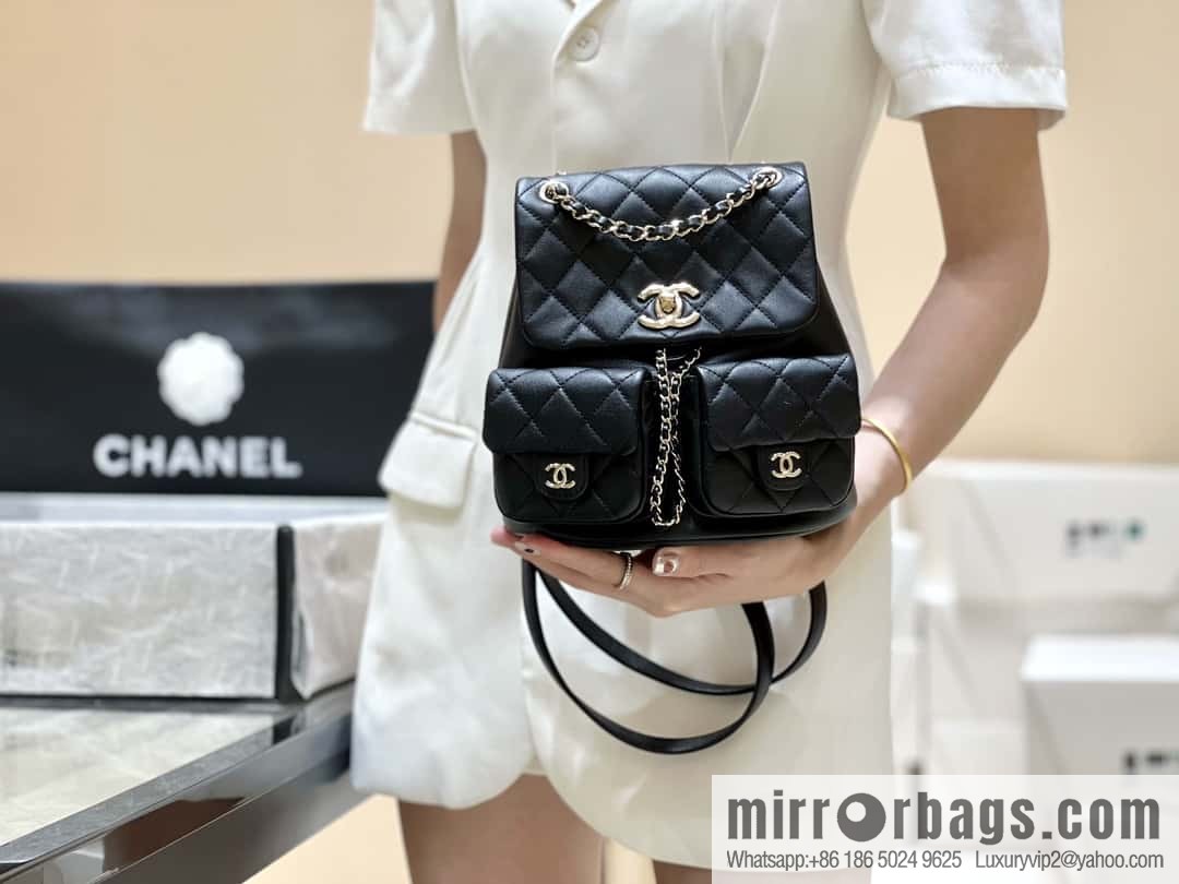 CHANEL 23P super hot frog double backpack AS3860 plain weave black