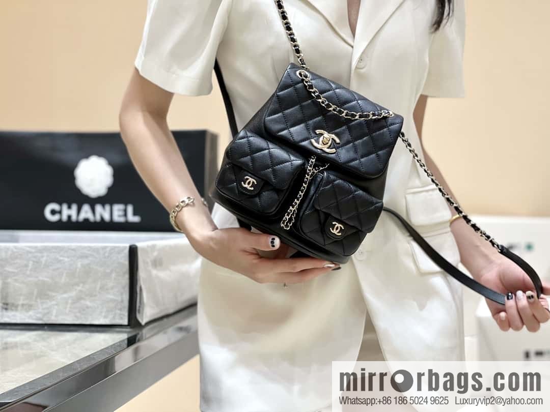 CHANEL 23P super hot frog double backpack AS3860 plain weave black