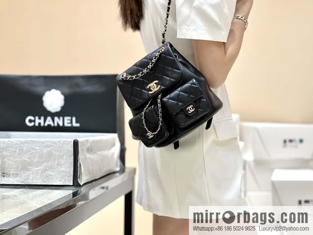 CHANEL 23P super hot frog double backpack AS3860 plain weave black