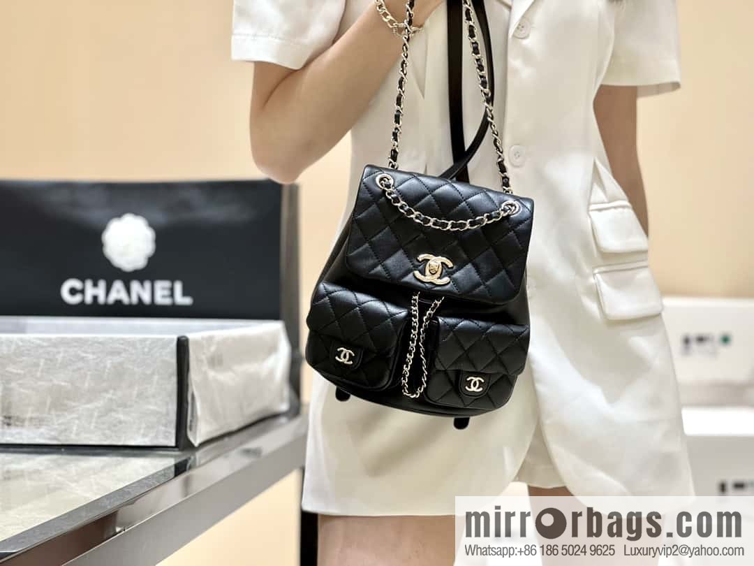 CHANEL 23P super hot frog double backpack AS3860 plain weave black