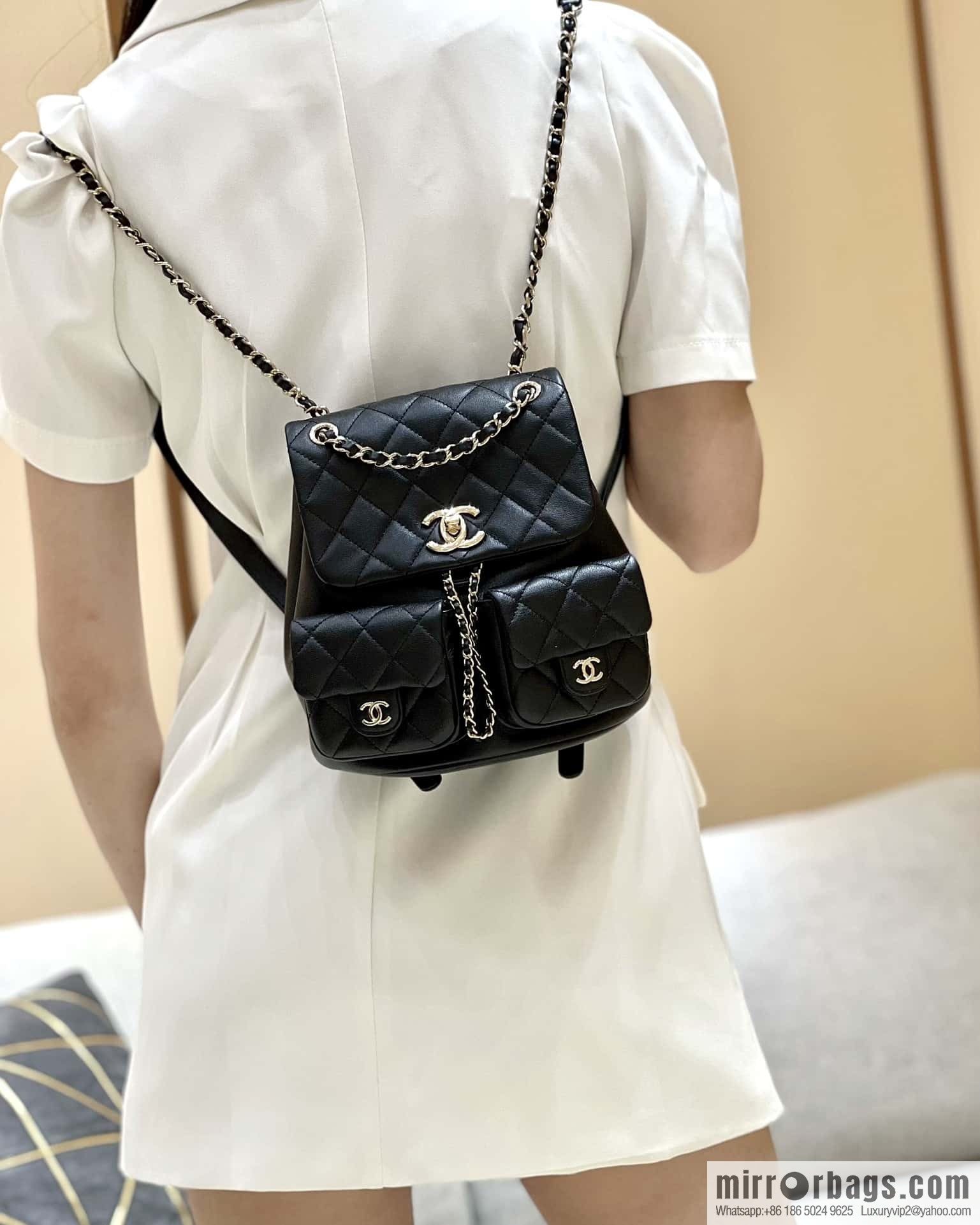 CHANEL 23P super hot frog double backpack AS3860 plain weave black