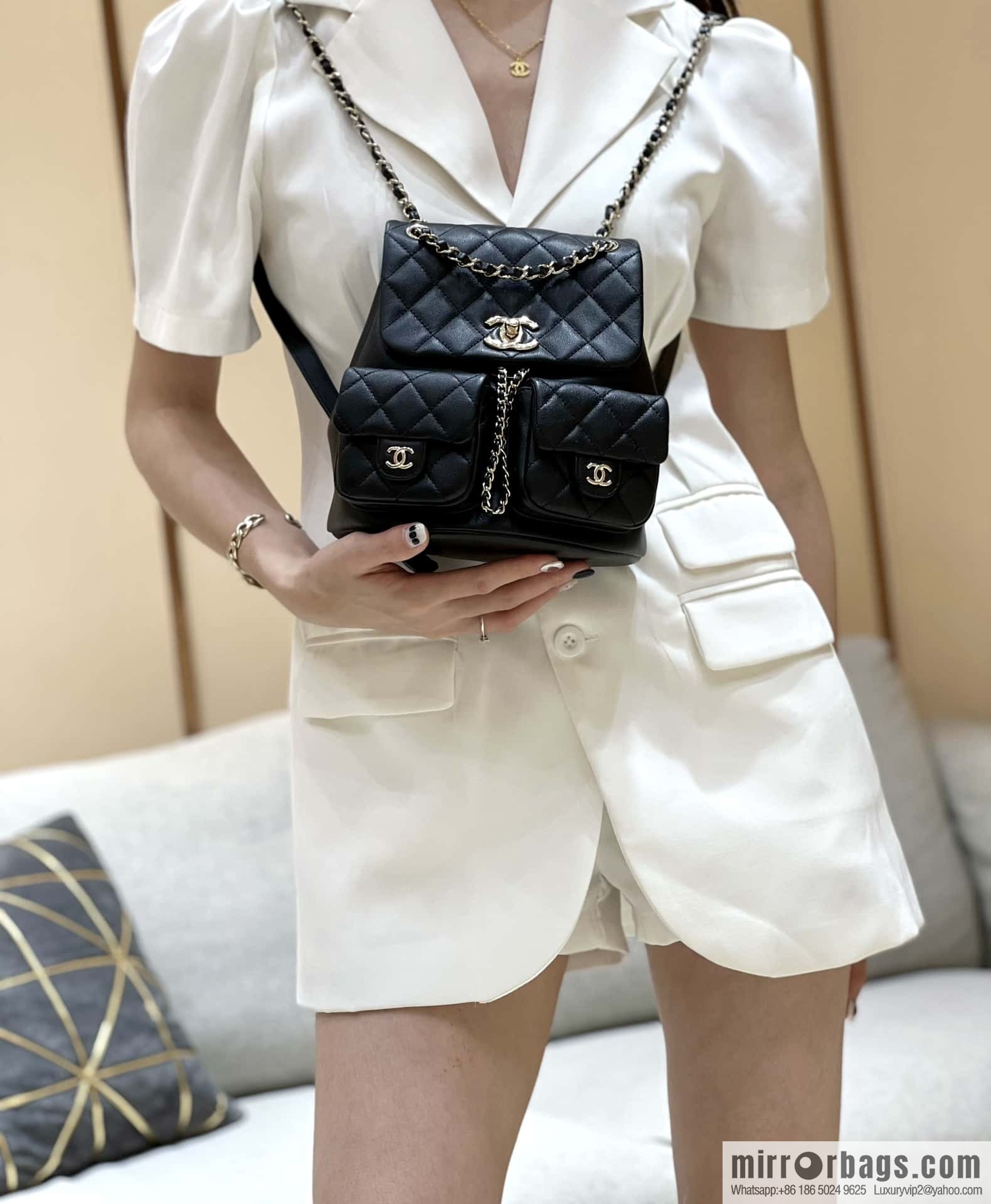 CHANEL 23P super hot frog double backpack AS3860 plain weave black