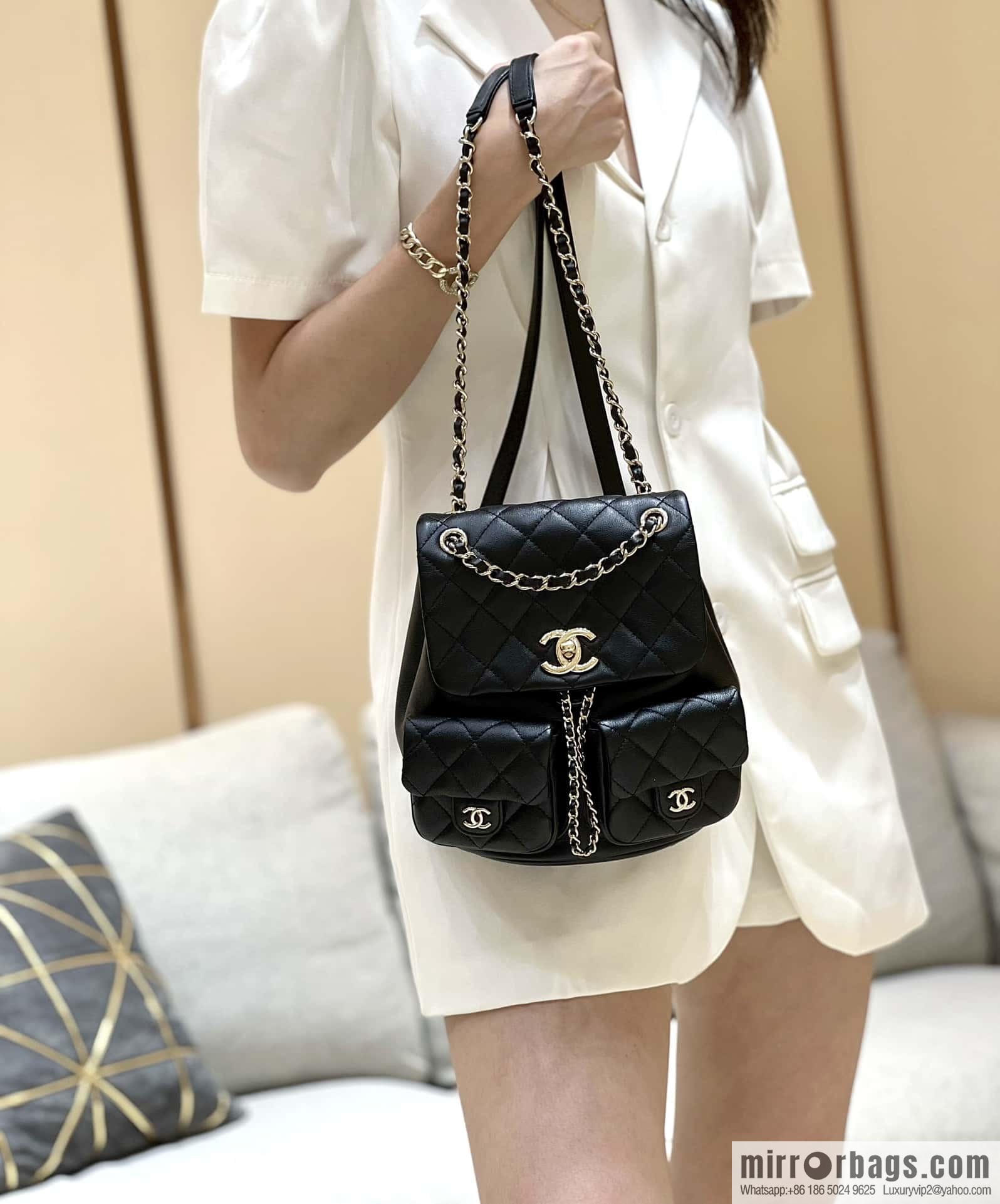CHANEL 23P super hot frog double backpack AS3860 plain weave black