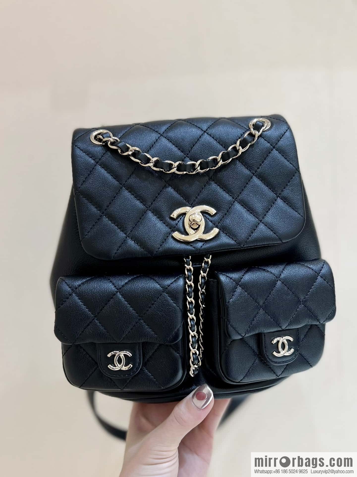 CHANEL 23P super hot frog double backpack AS3860 plain weave black