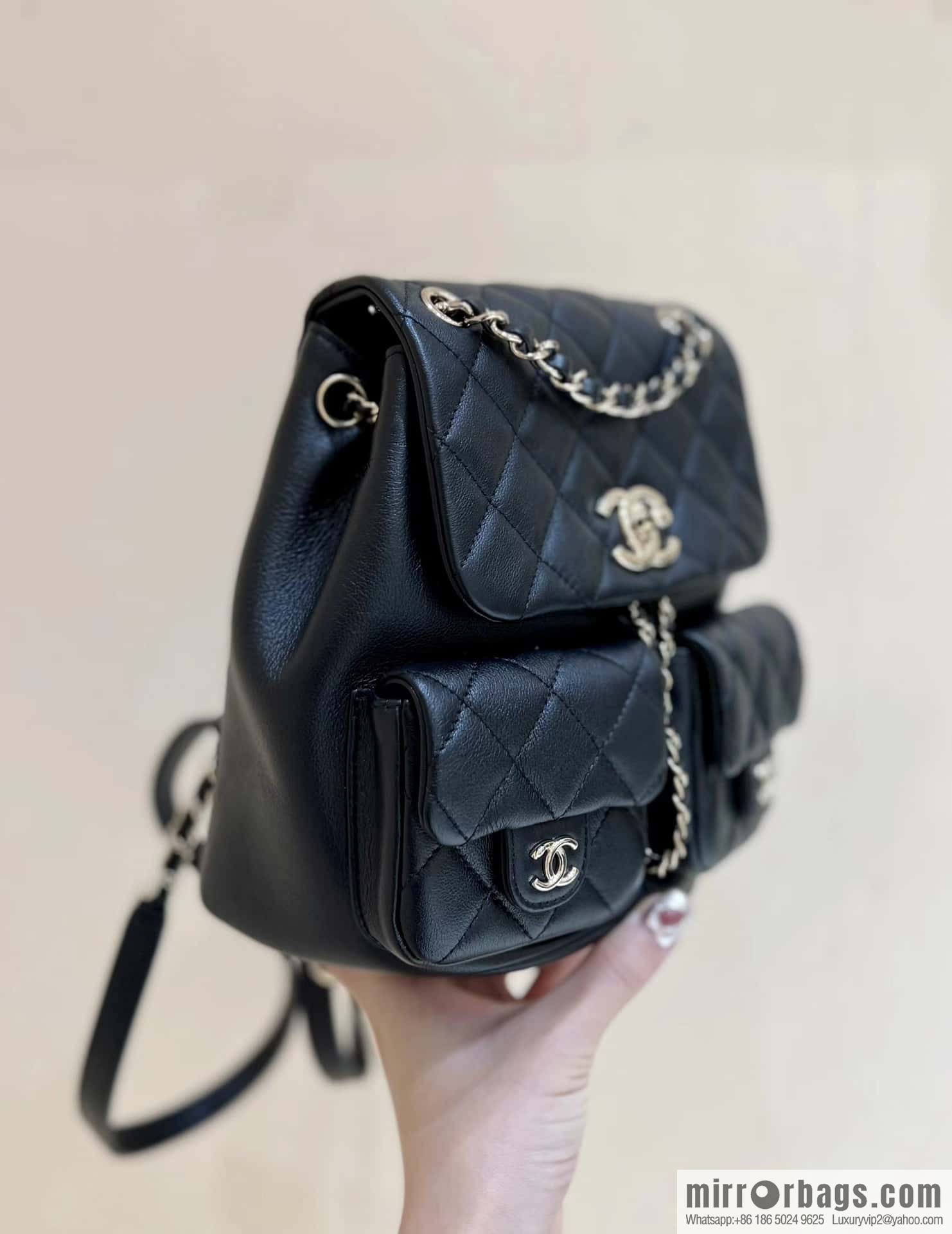CHANEL 23P super hot frog double backpack AS3860 plain weave black
