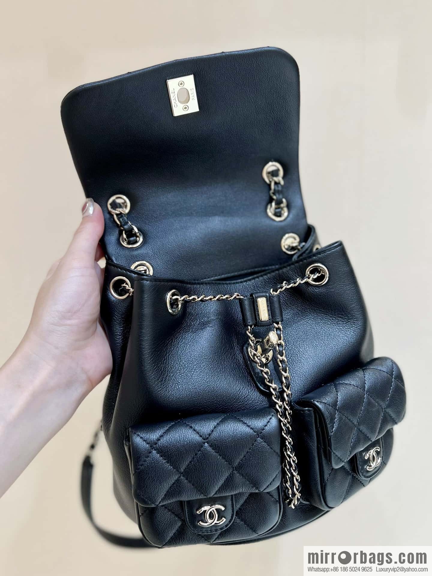 CHANEL 23P super hot frog double backpack AS3860 plain weave black