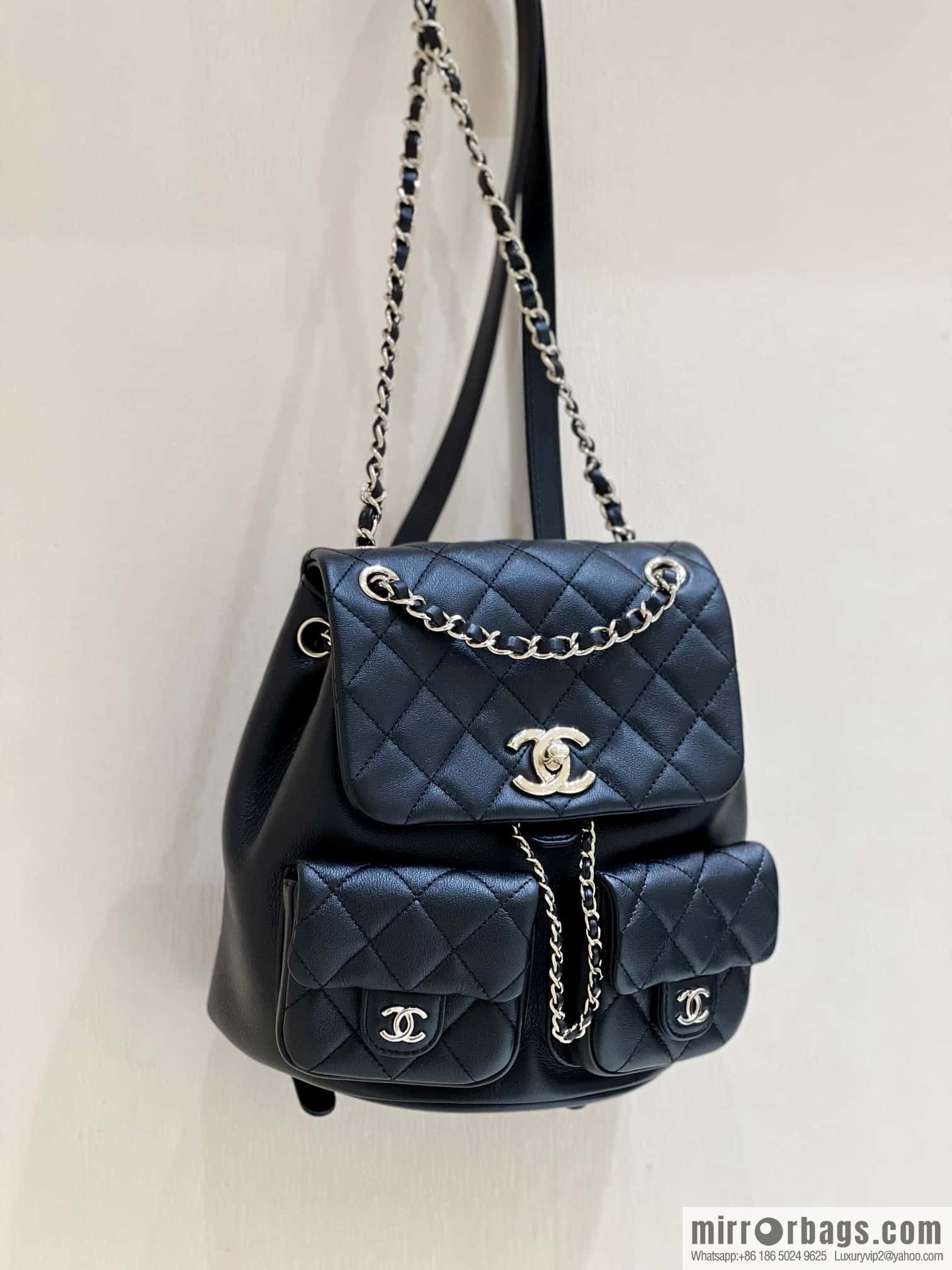 CHANEL 23P super hot frog double backpack AS3860 plain weave black