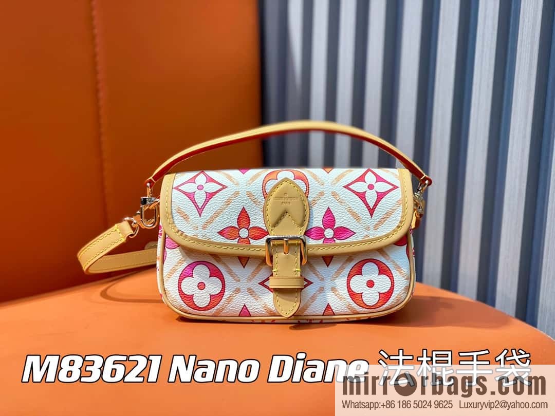 [Original order boutique] M83621 rose red printed mini baguette bag Nano Diane baguette handbag, rose red (2024 summer) By the Pool summer series