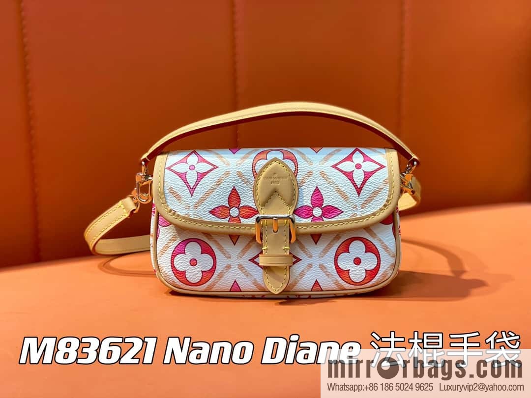 [Original order boutique] M83621 rose red printed mini baguette bag Nano Diane baguette handbag, rose red (2024 summer) By the Pool summer series