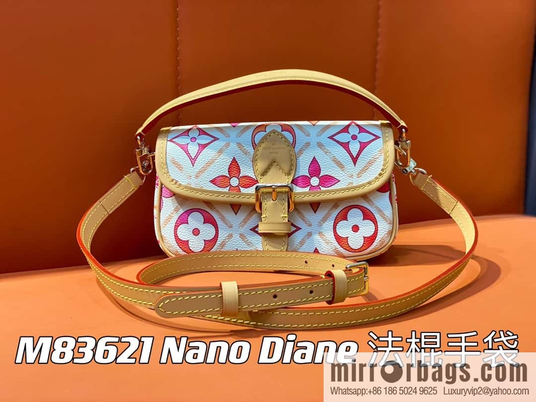 [Original order boutique] M83621 rose red printed mini baguette bag Nano Diane baguette handbag, rose red (2024 summer) By the Pool summer series
